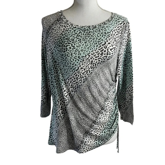 Ruby Rd Blouse Petites Medium Rhinestone Bling Neckline Ruched Side Leopard Top - Picture 1 of 10